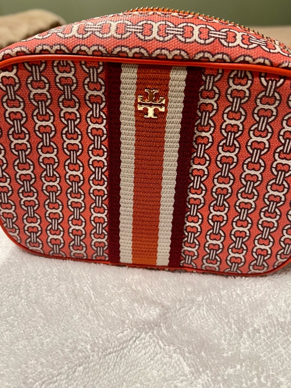 Tory Burch Small Orange and Ivory Print Canvas Crossbody Bag